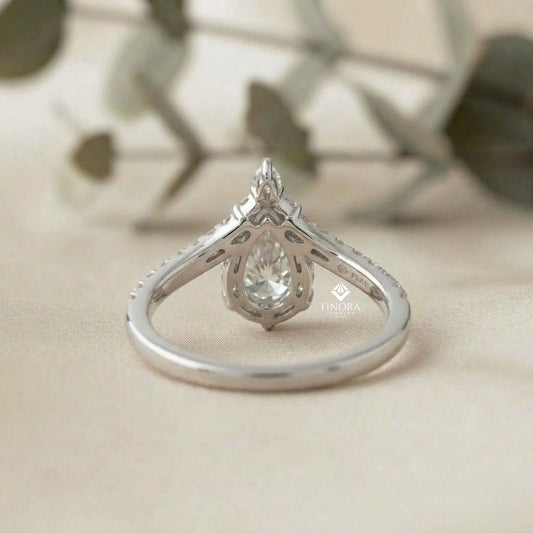 Pear Cut Diamond Engagement Ring with Accent Pear & Pavé Band in 925 Silver, 10K/14K Gold, or Platinum – Finora Jewelry