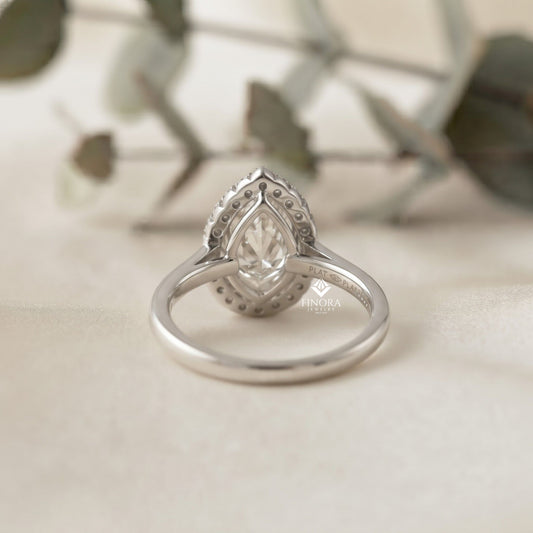 Pear Cut Moissanite Halo Engagement Ring – 925 Silver / 10K / 14K / Platinum / White / Yellow / Rose Gold – Finora Jewelry
