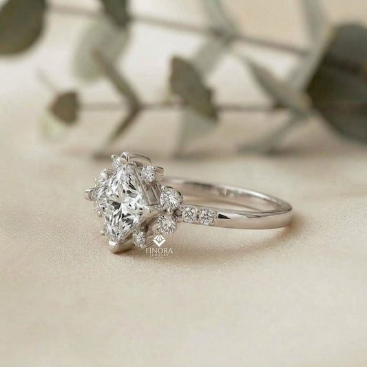Princess Cut Diamond Cluster Engagement Ring – Regal Radiance in 925 Silver, 10K/14K Yellow, White & Rose Gold, or Platinum – Finora Elegant Snowflake-Inspired Design for Her