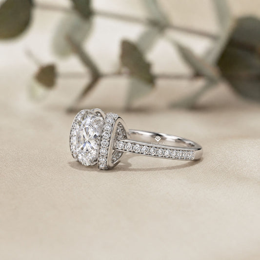 Bold Round-Cut Diamond Ring with Pavé-Set Accent Bands in 925 Silver, 10K / 14K Gold, or Platinum – Finora Jewelry