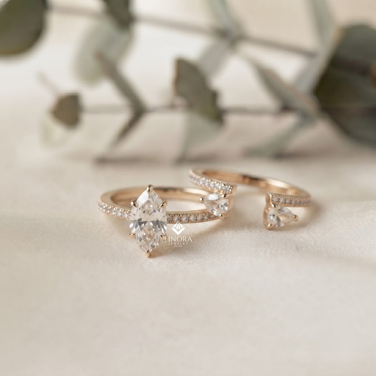 marquise wedding ring set – elegant gold bridal ring – fine jewelry for engagement