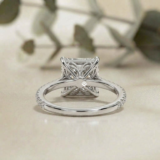 Princess Cut Moissanite Engagement Ring with Pavé Band – Sparkling Halo for Birthday, Promise, or Proposal Gift – Custom 925 Silver / 10K / 14K Gold / Platinum – White / Yellow / Rose Gold – Finora Exclusive