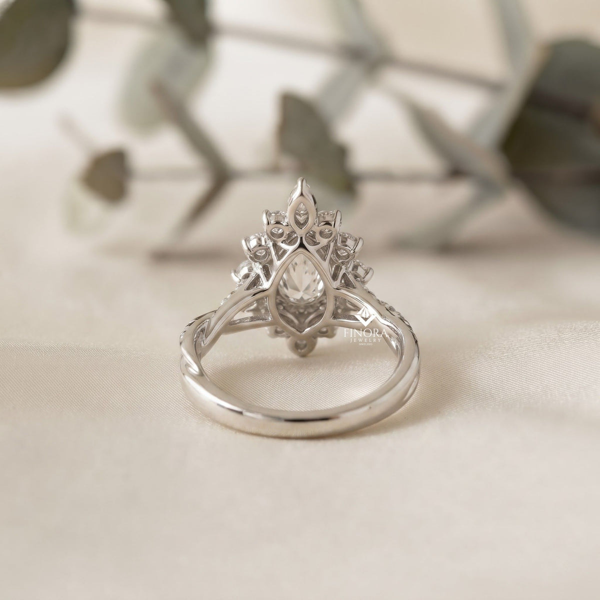 pear cut moissanite halo engagement ring 1.68 ct with marquise & round side stones in 925 silver / 10k & 14k gold