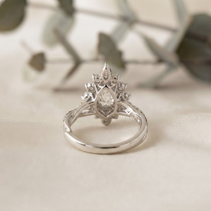 Pear Cut Moissanite Halo Engagement Ring 1.68 CT with Marquise & Round Side Stones in 925 Silver / 10K & 14K Gold