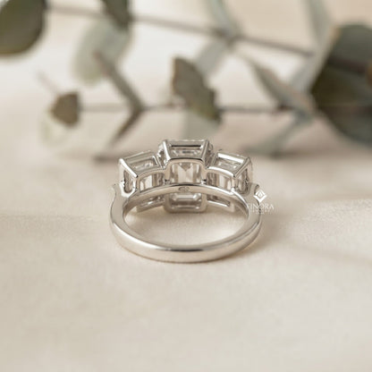 Emerald Cut Moissanite Three-Stone Engagement Ring with Halo | 2.11 CT | 925 Silver, 10K & 14K Gold