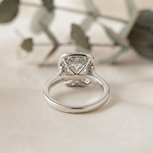 Cushion Cut Halo Moissanite Engagement Ring with Pavé Diamonds – Elegant Cushion Halo in White, Yellow, or Rose Gold | Finora Jewelry