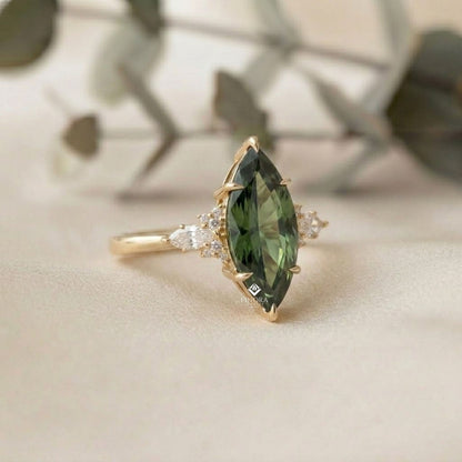 Green Marquise Cut Engagement Ring – Gold Cluster Design, Everyday Elegance