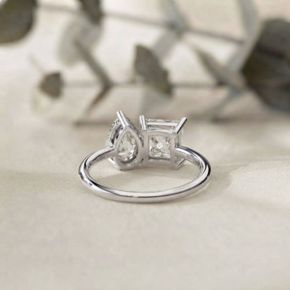 Two-Stone Pear & Princess Cut Diamond Ring – Dual Brilliance in 925 Silver, 10K / 14K Gold, or Platinum – Finora Symbolic Design of Love & Harmony – Meaningful Gift for Her