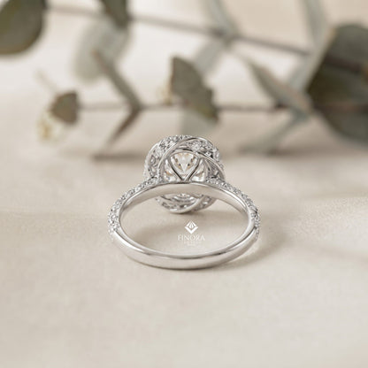 Floral Halo Diamond Engagement Ring – Intricate Swirl Pavé Design in White Gold or Platinum – Nature-Inspired Elegance – Vintage Glamour Statement Ring