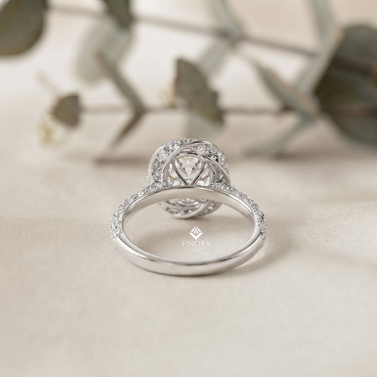 Floral Halo Diamond Engagement Ring – Intricate Swirl Pavé Design in White Gold or Platinum – Nature-Inspired Elegance – Vintage Glamour Statement Ring
