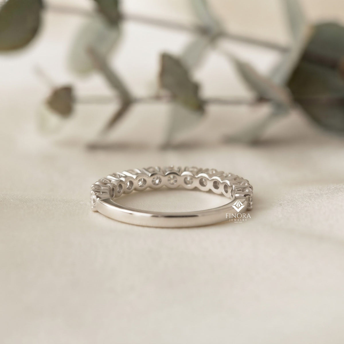 classic round cut moissanite half eternity wedding band, stackable minimal ring – finora jewelry