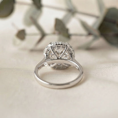Round Cut Moissanite Halo Engagement Ring with Baguette Side Stones in 925 Silver, 10K & 14K Gold – Finora Jewelry