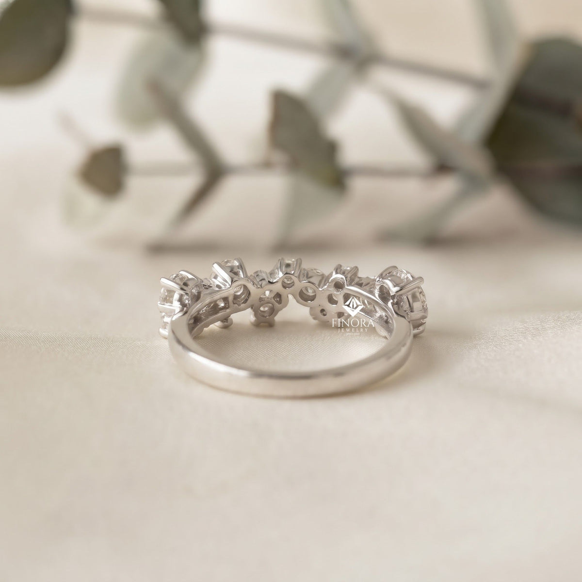 zig-zag moissanite half eternity wedding band, stackable ring - finora jewelry