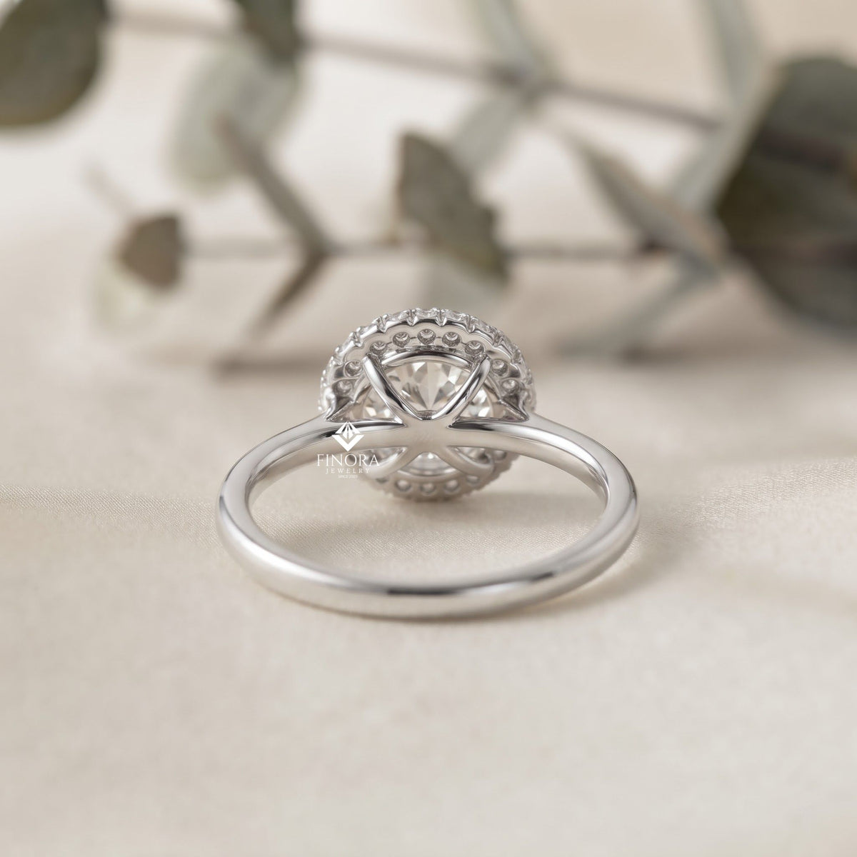 round halo moissanite engagement ring with pavé accent diamonds – timeless round cut sparkle | finora jewelry