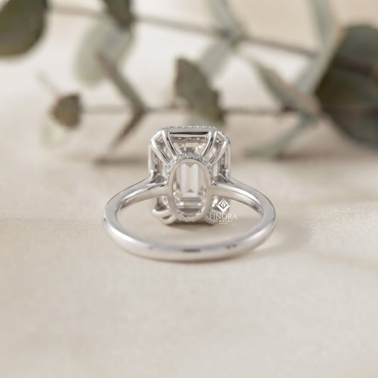 Emerald Cut Moissanite Halo Engagement Ring – Dainty Promise Ring – Anniversary / Birthday / Wedding Gift – 925 Silver / 10K / 14K / Platinum – White / Yellow / Rose Gold – Finora Jewelry
