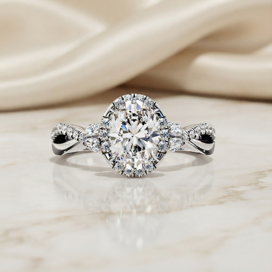 Finora Jewelry Oval Halo Diamond Engagement Ring – Twisted Pavé Band with Pear Accents – Available in 10K, 14K Gold (White, Rose, Yellow), 925 Sterling Silver & Platinum