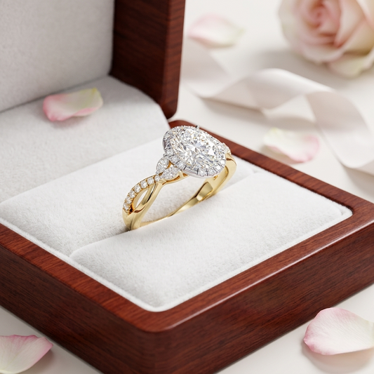 Finora Jewelry Oval Halo Diamond Engagement Ring – Twisted Pavé Band with Pear Accents – Available in 10K, 14K Gold (White, Rose, Yellow), 925 Sterling Silver & Platinum