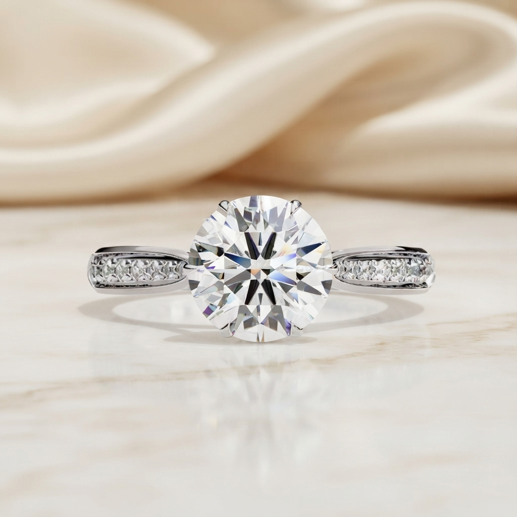 brilliant round cut engagement ring with pavé diamond band – ideal birthday gift or proposal ring – classic elegance in sterling silver, 10k/14k gold, or platinum – finora luxe edition