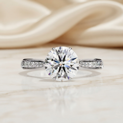 Brilliant Round Cut Engagement Ring with Pavé Diamond Band – Ideal Birthday Gift or Proposal Ring – Classic Elegance in Sterling Silver, 10K/14K Gold, or Platinum – Finora Luxe Edition