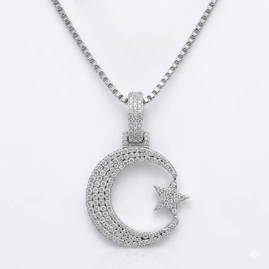 iced-out half moon & star moissanite pendant necklace | pavé set diamond crescent pendant | luxury jewelry – finora jewelry