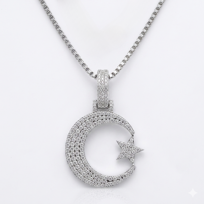 Iced-Out Half Moon & Star Moissanite Pendant Necklace | Pavé Set Diamond Crescent Pendant | Luxury Jewelry – Finora Jewelry