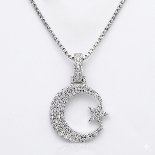 Iced-Out Half Moon & Star Moissanite Pendant Necklace | Pavé Set Diamond Crescent Pendant | Luxury Jewelry – Finora Jewelry