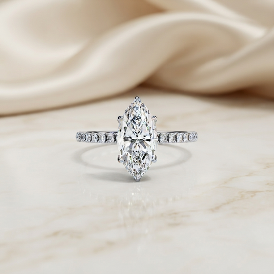 Marquise Cut Moissanite Engagement Ring – 1.41 CT Center – Pavé Band – 925 Silver / 10K & 14K Gold / Platinum | Finora Jewelry