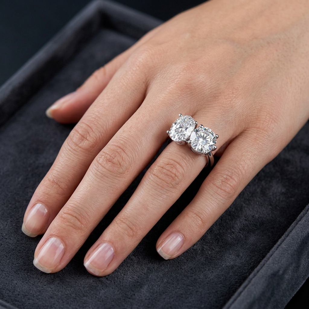 two-stone oval & round cut diamond engagement ring – harmonious duo in 925 silver, 10k / 14k gold, or platinum – finora emblem of balanced love & timeless sparkle – elegant gift for her