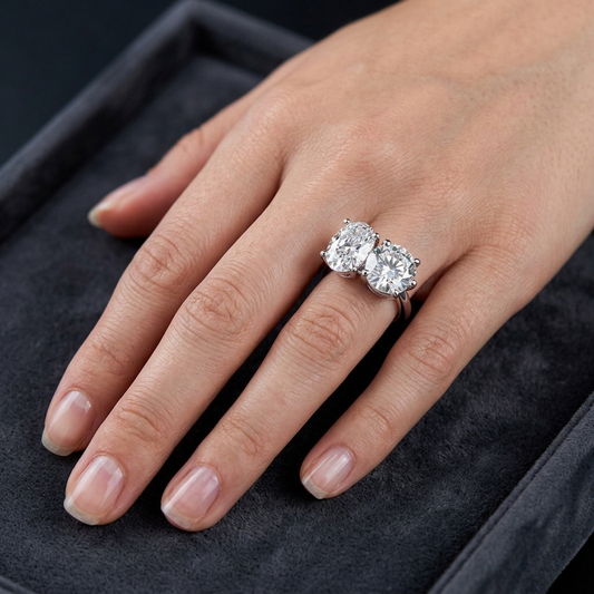 Two-Stone Oval & Round Cut Diamond Engagement Ring – Harmonious Duo in 925 Silver, 10K / 14K Gold, or Platinum – Finora Emblem of Balanced Love & Timeless Sparkle – Elegant Gift for Her
