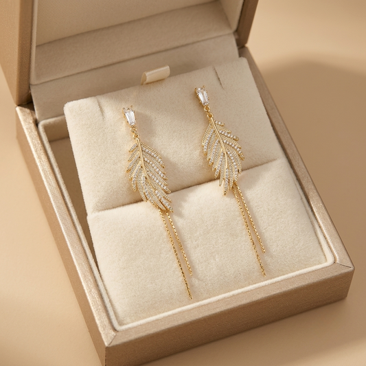 Gold-Tone Feather Tassel Drop Earrings with Crystal Accents