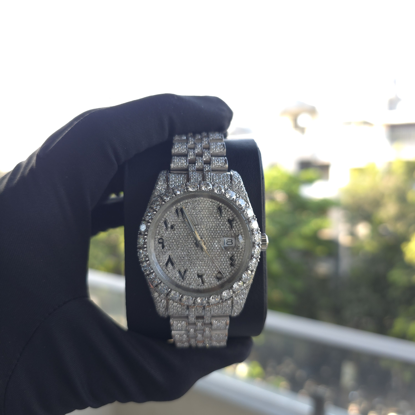 men’s iced out watch | 41mm | full white | arabic numeral dial | date display