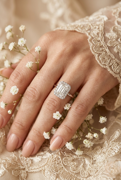 Emerald Cut Moissanite Halo Engagement Ring – Dainty Promise Ring – Anniversary / Birthday / Wedding Gift – 925 Silver / 10K / 14K / Platinum – White / Yellow / Rose Gold – Finora Jewelry