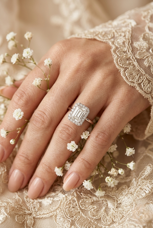Emerald Cut Moissanite Halo Engagement Ring – Dainty Promise Ring – Anniversary / Birthday / Wedding Gift – 925 Silver / 10K / 14K / Platinum – White / Yellow / Rose Gold – Finora Jewelry