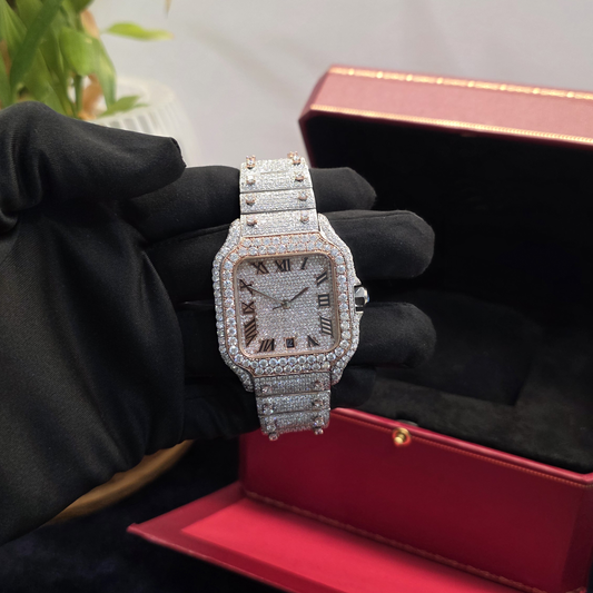 Men’s Iced Out Watch | 41MM | Rose & White Two-Tone | Roman Numeral Dial