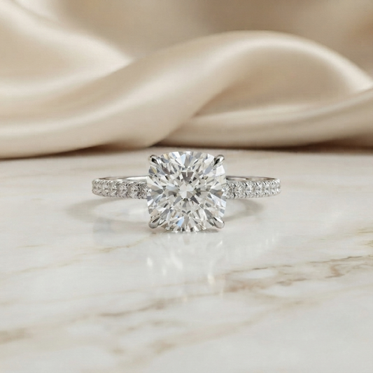 Cushion Cut Moissanite Engagement Ring – Pavé Band – Anniversary Ring for Her – 925 Silver / 10K & 14K Gold / Platinum | Finora Jewelry