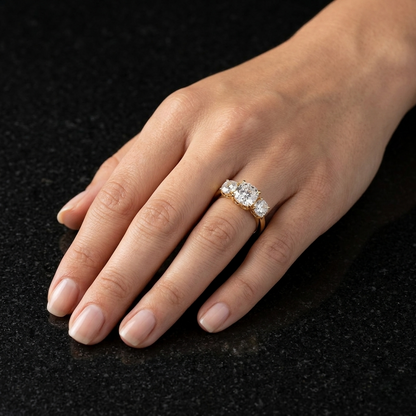 Three-Stone Cushion Cut Diamond Engagement Ring – Trio of Brilliance in White Gold or Platinum – Finora Symbolic Design of Past, Present & Future – Elegant Gift for Her