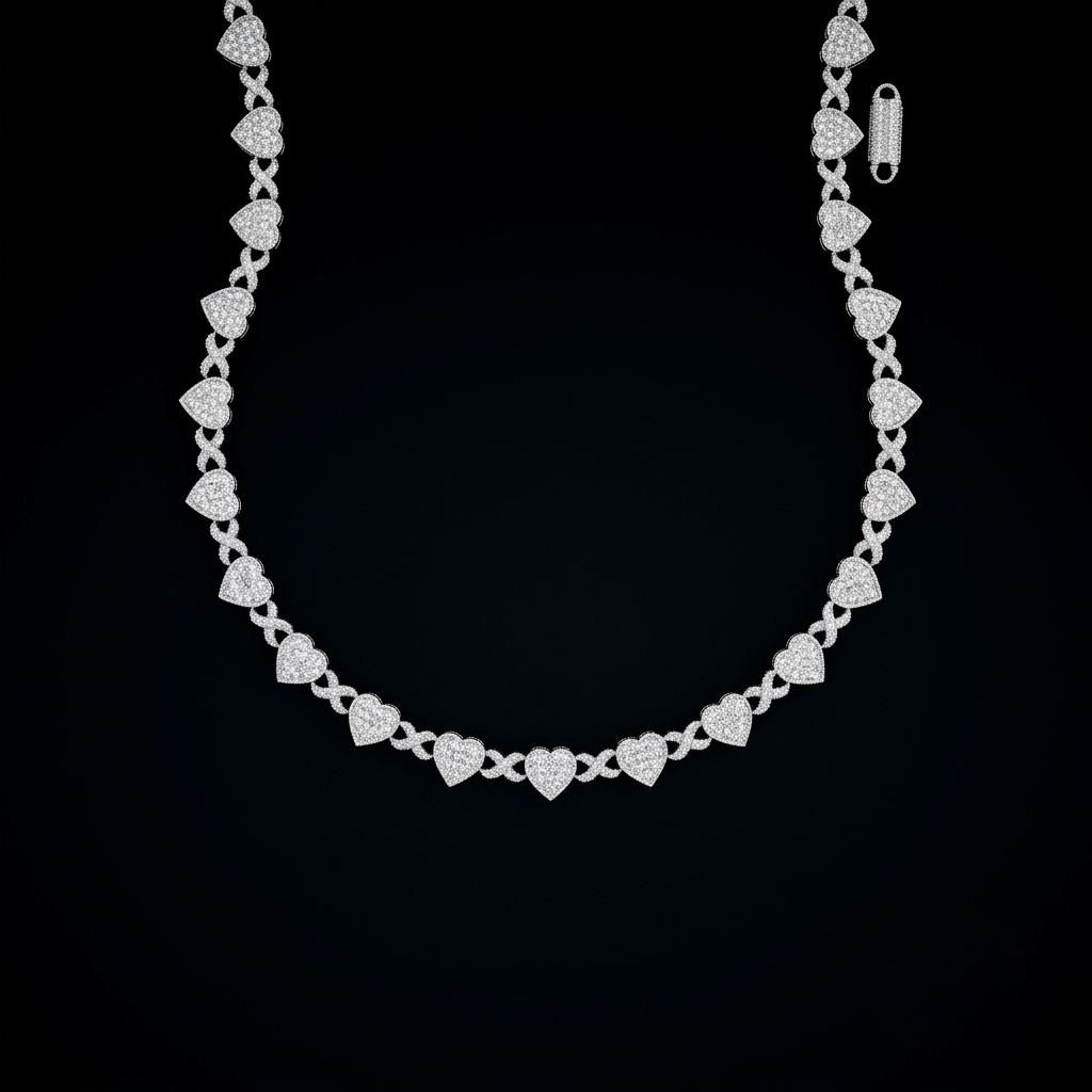 15mm moissanite silver heart xo link chain - iced out valentine choker