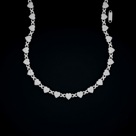 15mm Moissanite Silver Heart XO Link Chain - Iced Out Valentine Choker