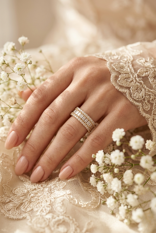 Triple Row Baguette & Round Diamond Wide Band Ring in 925 Silver, 10K/14K Gold (Rose/White/Yellow), & Platinum – Finora Jewelry