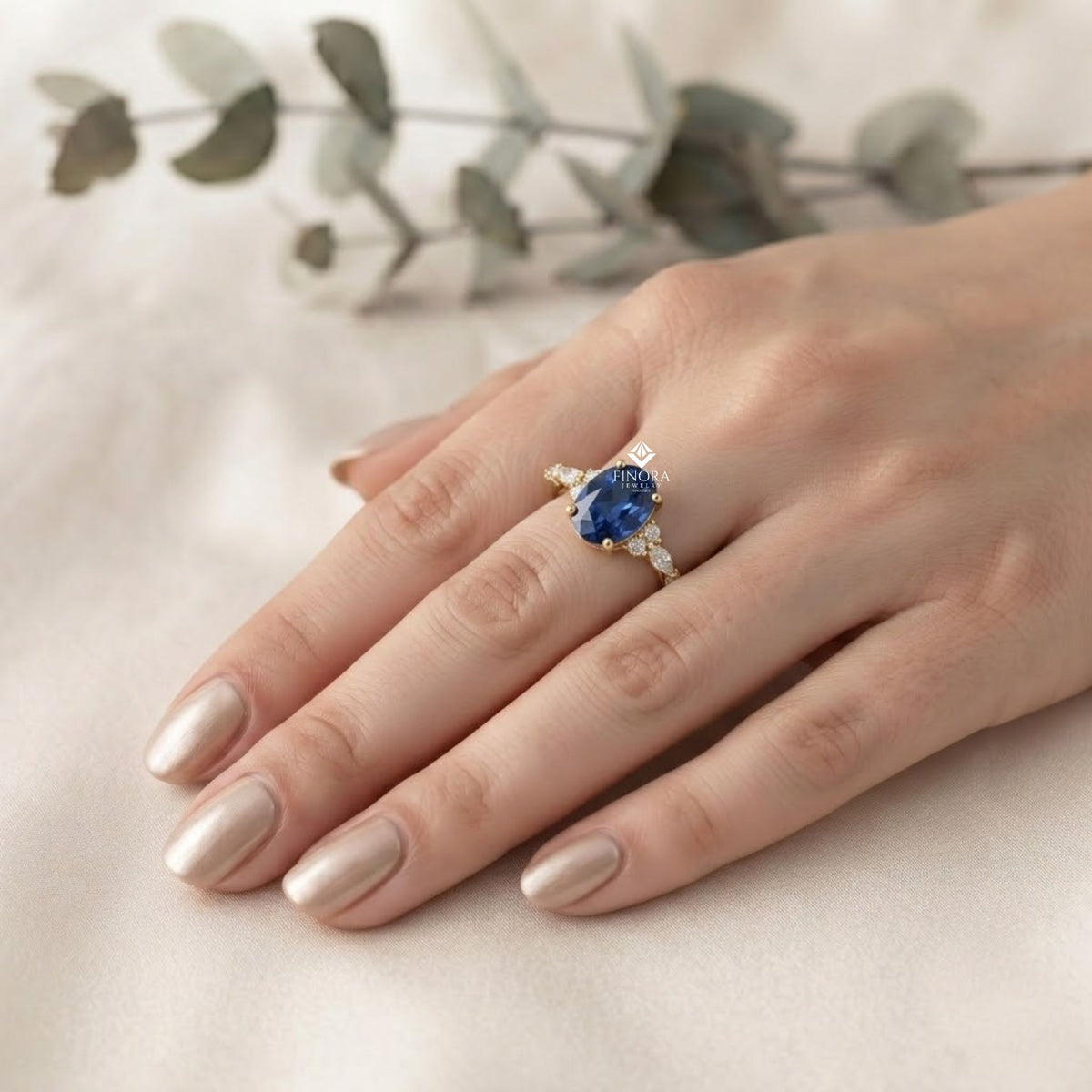 oval blue sapphire and diamond cluster ring – dainty gold engagement ring