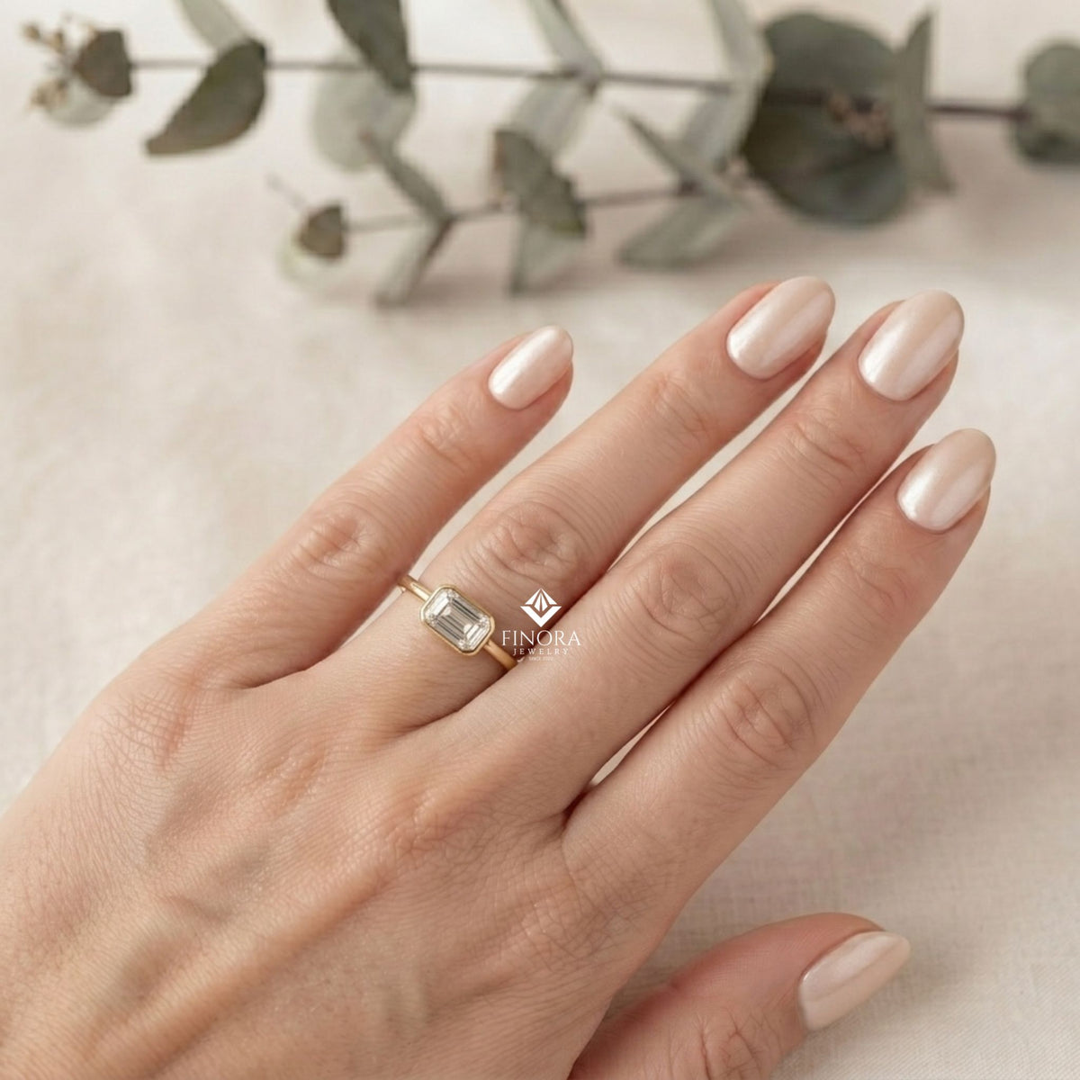 emerald cut bezel ring – minimalist gold engagement ring  – modern horizontal baguette ring
