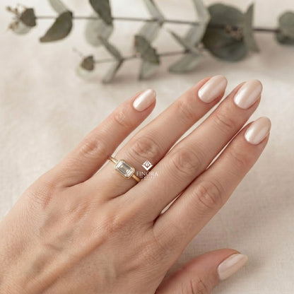 Emerald Cut Bezel Ring – Minimalist Gold Engagement Ring  – Modern Horizontal Baguette Ring