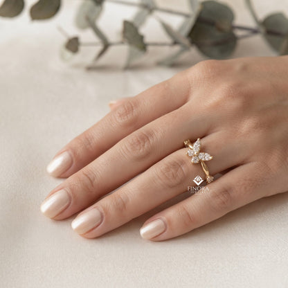 Butterfly Stacking Ring – Dainty Diamond Accent Band – Whimsical Gold Nature Jewelry