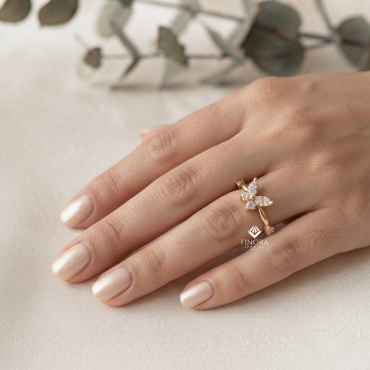 Butterfly Stacking Ring – Dainty Diamond Accent Band – Whimsical Gold Nature Jewelry