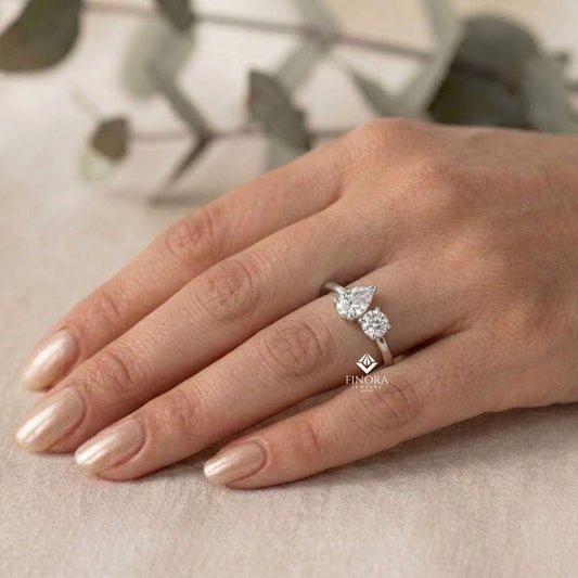 Two-Stone Pear & Round Cut Diamond Engagement Ring – Dual Brilliance in 925 Silver, 10K / 14K Gold, or Platinum – Finora Romantic Symbol of Love’s Harmony – Elegant Gift for Her