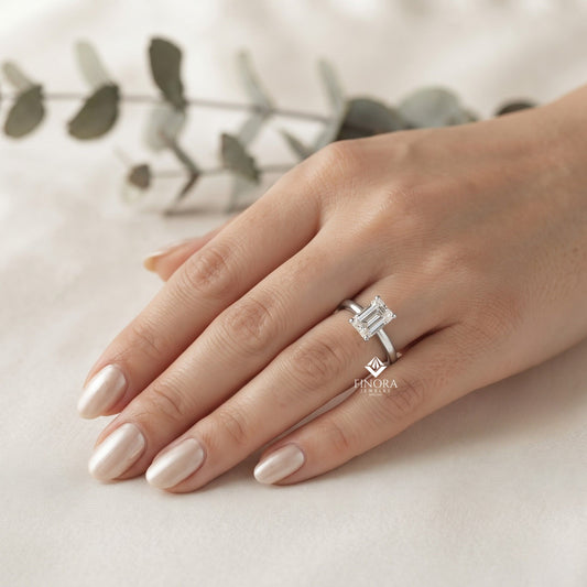 Emerald Cut Moissanite Solitaire Engagement Ring – Modern Classic for Her – 925 Silver / 10K & 14K Gold / Rose, Yellow, White Gold / Platinum | Finora Jewelry