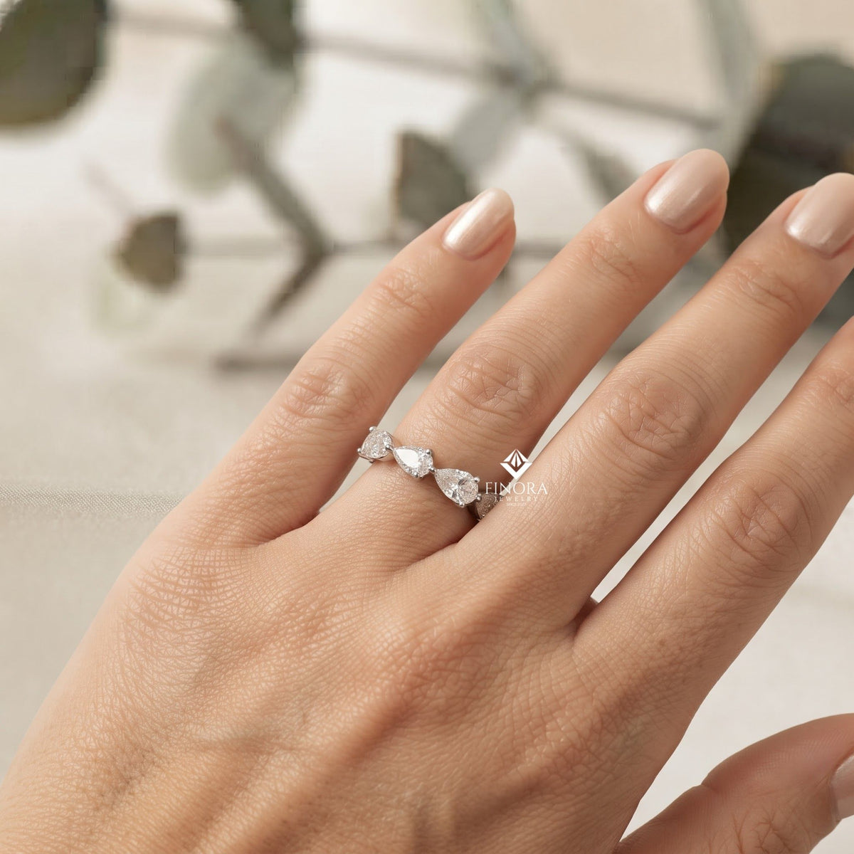 pear cut moissanite half eternity wedding band, stackable ring – finora jewelry