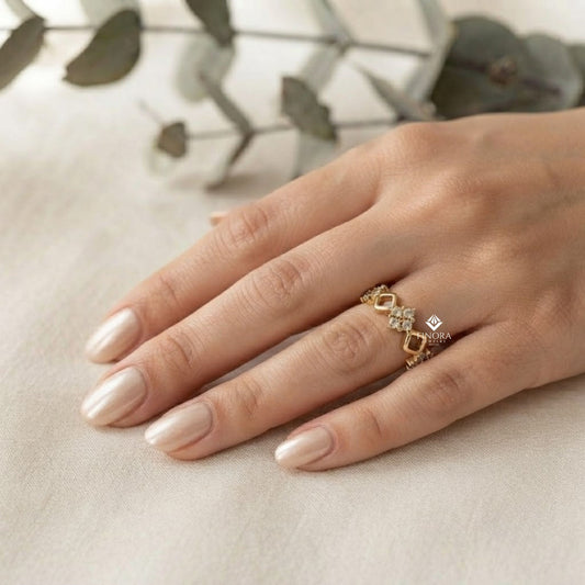 Diamond Clover Stacking Ring – Delicate Floral Gold Band – Minimalist Geometric Jewelry