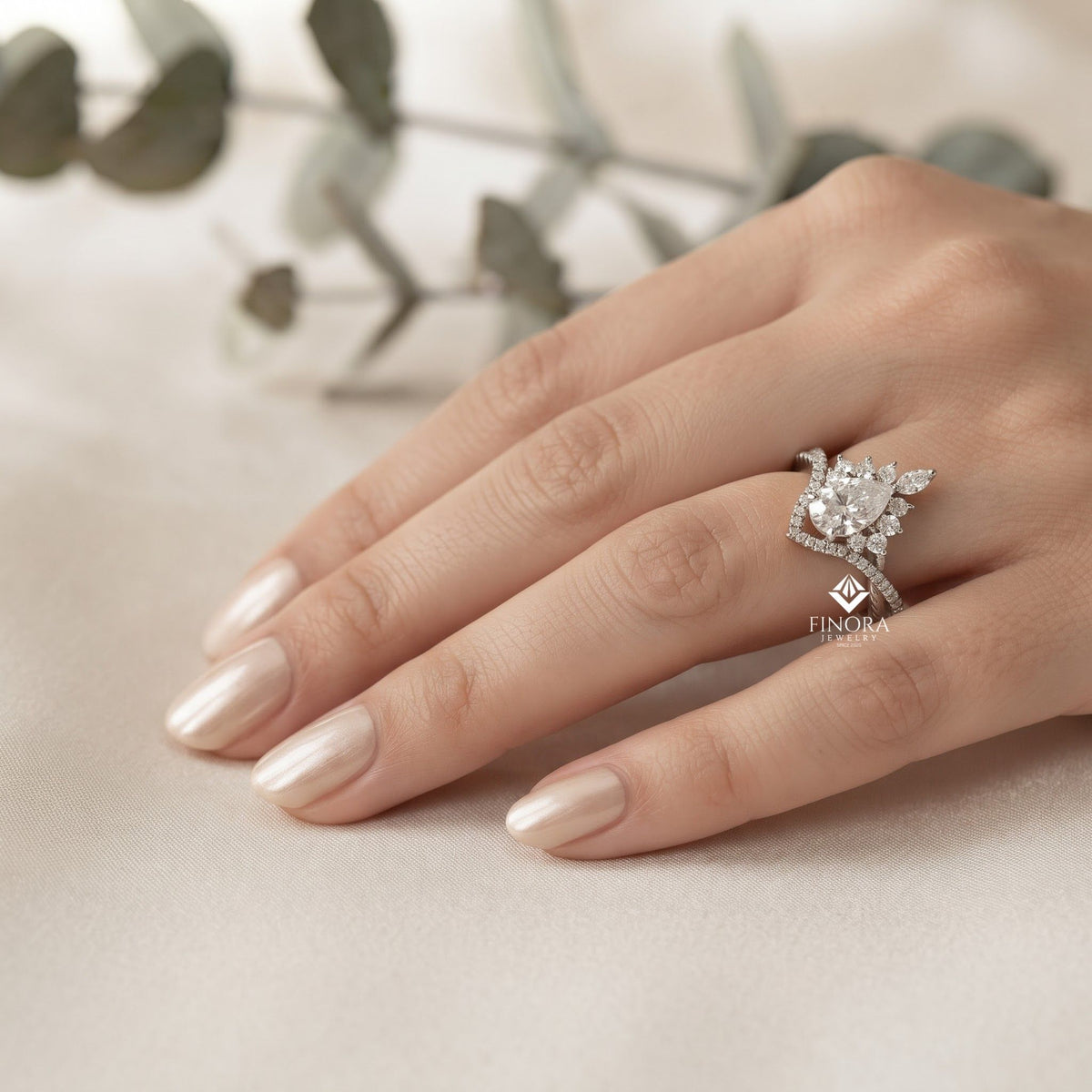pear cut moissanite halo engagement ring 1.68 ct with marquise & round side stones in 925 silver / 10k & 14k gold