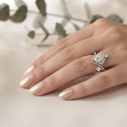 Pear Cut Moissanite Halo Engagement Ring 1.68 CT with Marquise & Round Side Stones in 925 Silver / 10K & 14K Gold